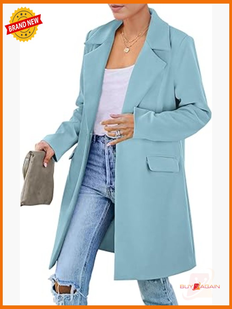 Long Blazer Jacket Notch Lapel Pockets Loose Fit Work Casual Outerwear